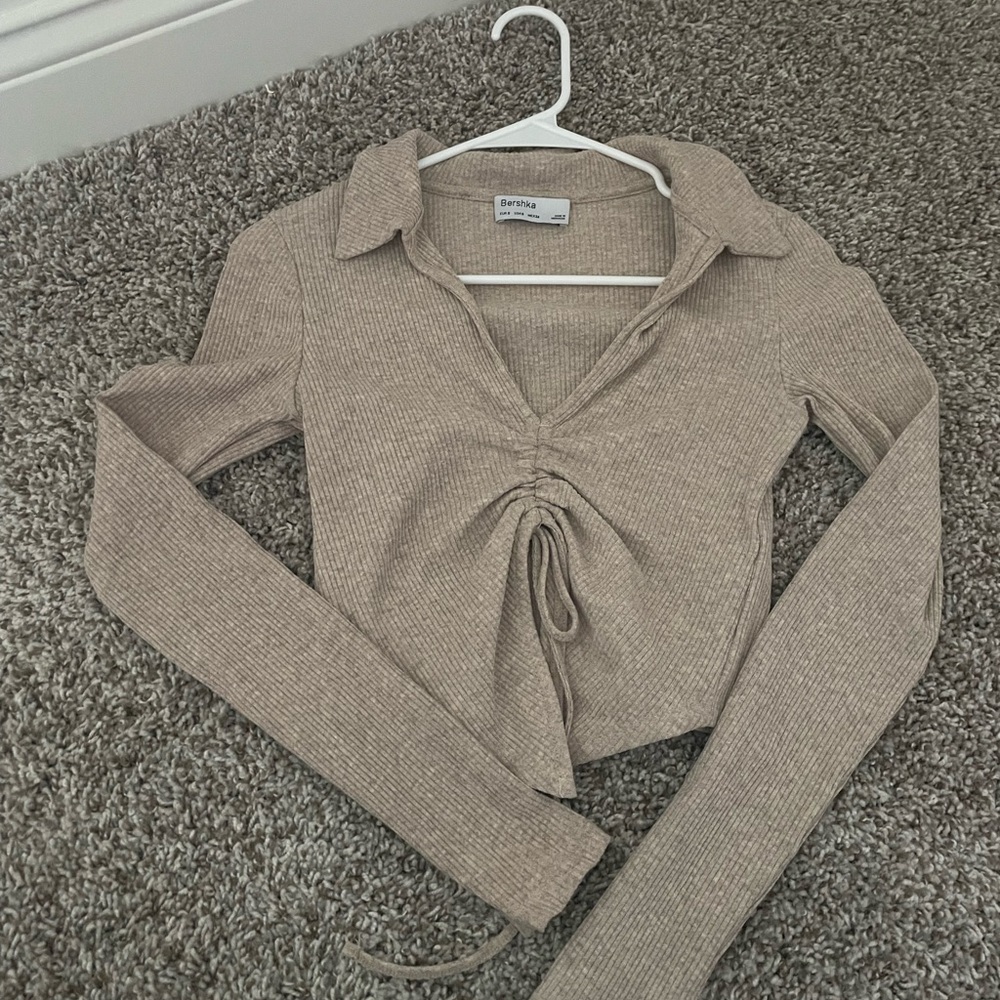 Light brown polo collar top with gathered detail